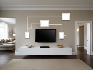 Modern living room interior showcasing a sleek television mounted on a light beige wall with connected digital displays illustrating the concept of innovative smart home technology and