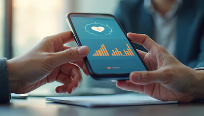 Close-up of hands holding smartphone with health app interface. Heart rate tracker, steps, health data on screen. Fitness app, healthcare tech, online medical services.