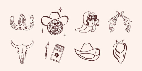 Cowgirl and cowboy set in hand drawn coquette style. Retro whimsical symbols for bachelorette and girls birthday party. Trendy and cute art for holidays banner. Doodle sketch vector illustration