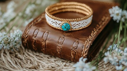 Delicate bracelet on leather book with flowers