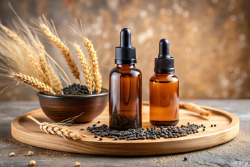Rustic Herbal Oil Bottles with Wheat and Black Cumin Organic Wellness Product Display on Wooden Tray Natural Still Life