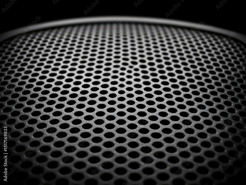 Poster close-up view of an intricate perforated speaker grille showcasing textured patterns and bold contra