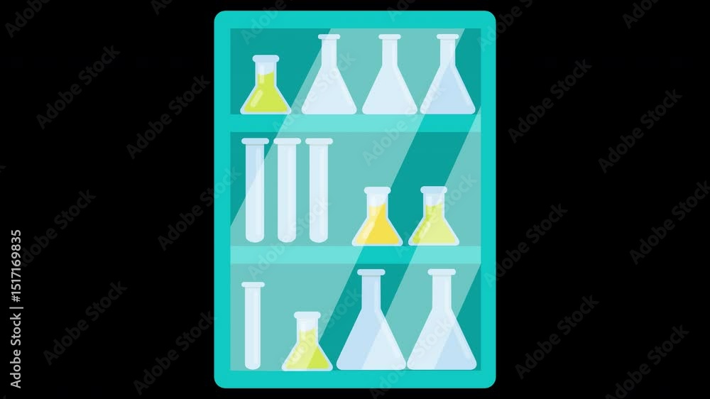 Poster animated depiction of lab glassware in a shelving unit with yellow liquids on a transparent backgrou