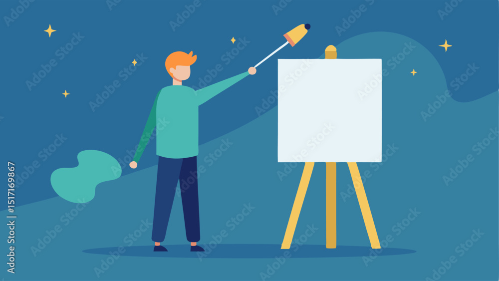 Poster digital canvas creation an artist stands before a blank digital canvas brush in hand. light from the