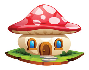 Fantasy mushroom house with red cap roof and twin windows on grassy terrain. Vector cartoon illustration
