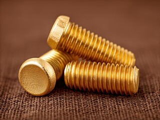 Golden metal bolts arranged on textured brown background illustrating precision engineering craftsmanship and industrial design elements showcasing strength durability and style
