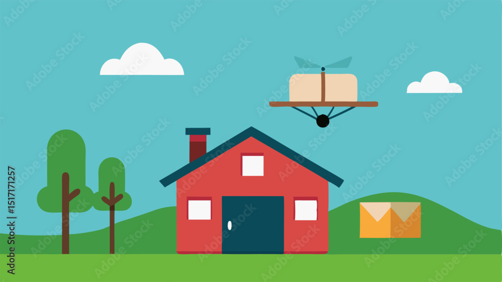 Poster delivery to a ranch a drone hovering near a ranch house with open pastures around it delivering a pa