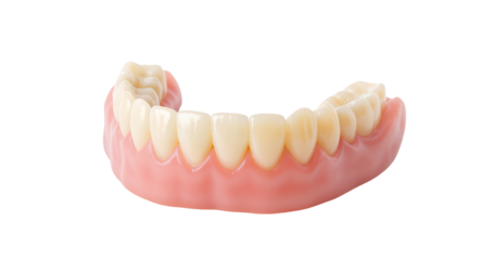 Complete Denture with Pink Gum Base and Artificial Teeth Isolated on Transparent Background, Dental Health and Oral Hygiene Concept