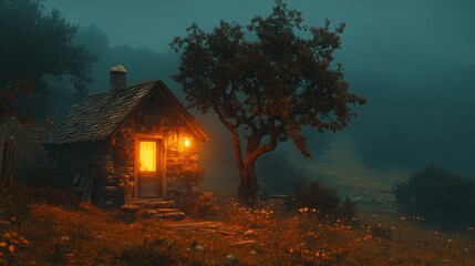 Misty mountain cabin at night