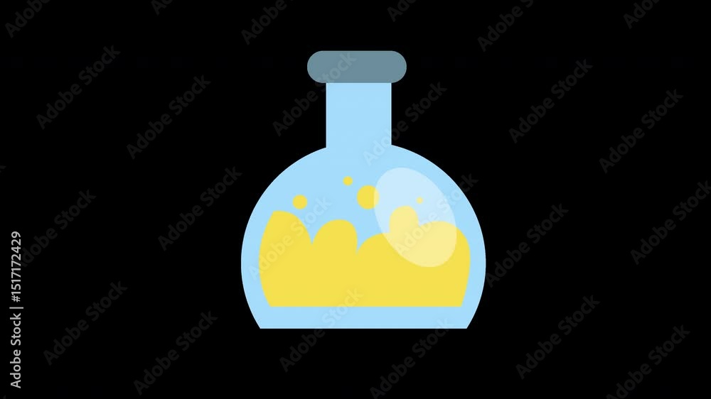 Poster animation of scientific container with golden fluid bubbling on a transparent background