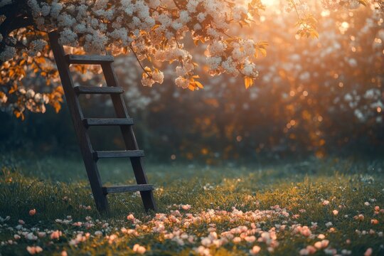 Old wooden ladder leaning on tree surrounded by autumn leaves in backyard