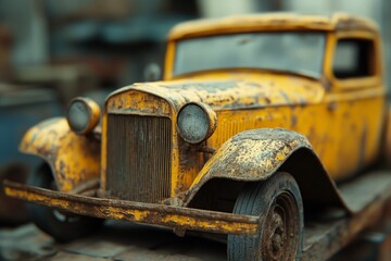 Rusty vintage car parked outdoors surrounded by grass
