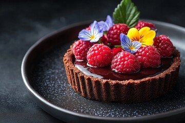 Dark chocolate tart with raspberries and edible flowers on black ceramic plate