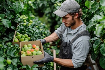 Worker placing fresh green apples in box during orchard harvest season