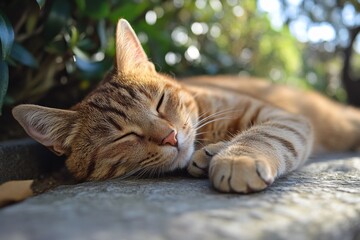 Red cat sleeping on a stone surface in the garden during sunny afternoon