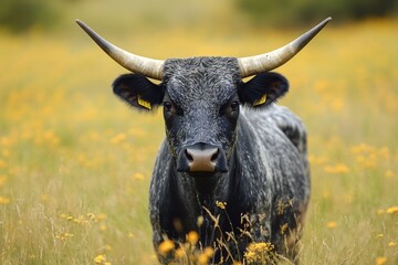 Longhorn cow standing on a yellow flower field looking directly at camera