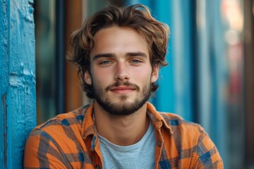 Portrait of a smiling young man in orange shirt standing in front of blue wall