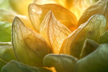 Abstract macro image of yellow flower petals with translucent texture and lighting