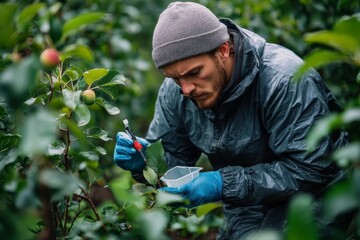Man harvesting fruit from trees in orchard while wearing gloves and beanie