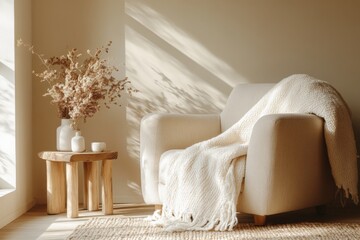 Minimalist interior with white armchair dried bouquet and round coffee table