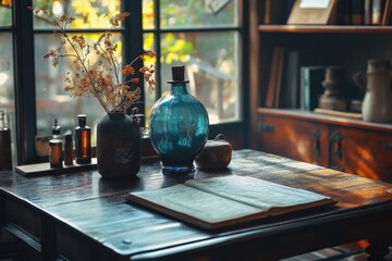 Stylish rustic cafe interior with vintage furniture and cozy lighting