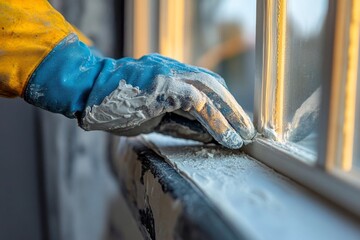 Construction worker welding metal frame wearing protective gloves and blue uniform