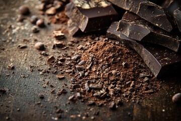 Dark textured chocolate background with broken pieces and cocoa crumbs