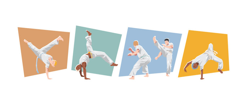 Set of male capoeirista in action, dynamic pose. Sport, capoeira, martial arts. Cartoon flat vector illustration.