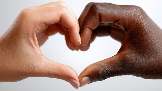 Zwei H&auml;nde verschiedener Hautfarben formen gemeinsam ein Herz als Symbol f&uuml;r Liebe und Zusammenhalt