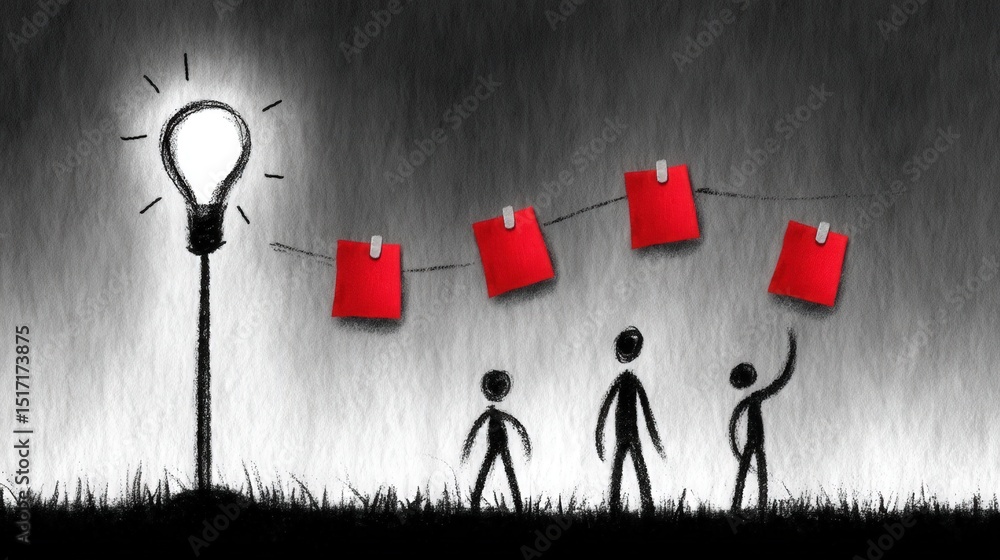 Poster human figures interacting with lightbulb concept and vibrant red sticky notes in creative brainstorm