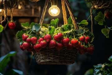 Hanging basket of ripe red strawberries with soft focus and moody lighting