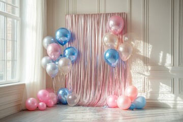 Room decorated with pink and blue balloons and shimmering backdrop for celebration