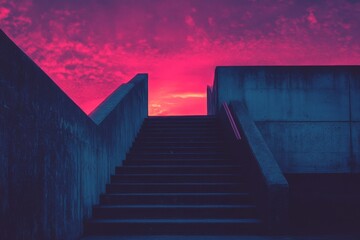 Dark stairway leading up to building under purple moody twilight sky