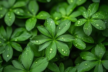 Green leaves covered in raindrops with soft natural light and rich texture