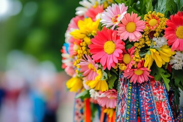 Bright bouquet of colorful fresh flowers held at outdoor celebration