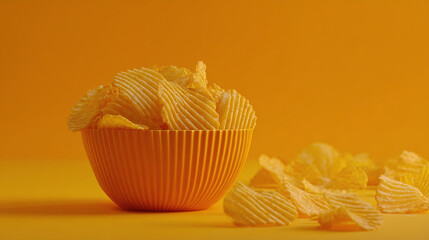 Orange bowl filled with wavy potato chips on warm orange background, crunchy snack composition for fast food or branding design