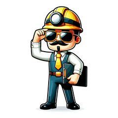 Fototapeta premium Cartoon Miner: Hardhat, Sunglasses, and Blueprint
