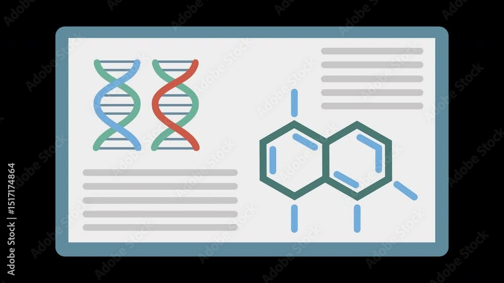Poster animated diagram of dna and molecular structures within scientific context on a transparent backgrou