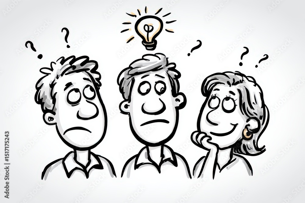Aufkleber cartoon characters expressing confusion and curiosity while considering new ideas with a light bulb 