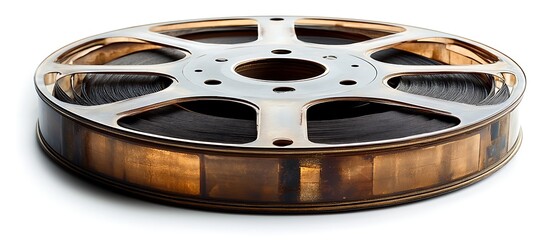 classic film reel mockup isolated on white background ultra high detail metallic shine vintage style professional studio lighting