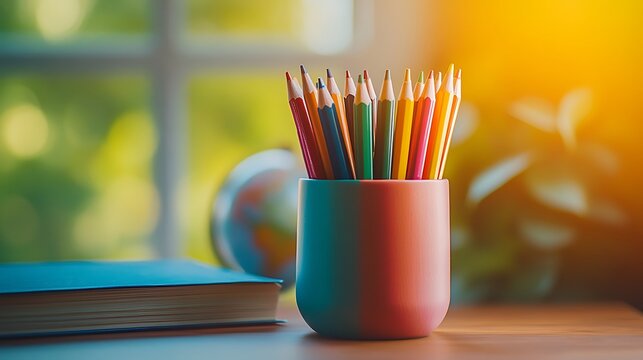 bright markers standing in a colorful pencil holder on a school desk with books and a globe in soft focus background natural daylight