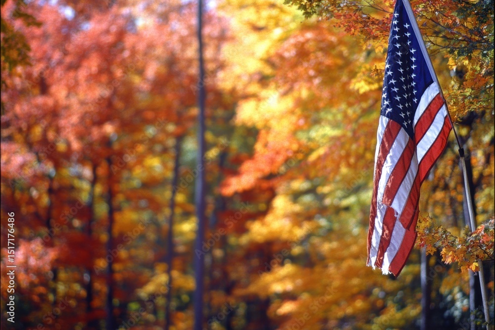 Aufkleber close-up of an american flag hanging on a pole, with a blurred background of trees in fall colors ge