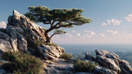 Scenic View of a Tree on Rocky Mountain with Ocean Vista and Cloudy Sky