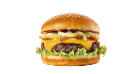Realistic Burger With Cheese and Fresh Vegetables on a Golden Bun on Transparent Background Clip Art Illustration