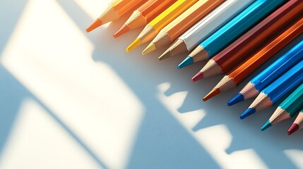 markers and school supplies arranged artistically on a white surface with clean shadows colorful and inviting school theme minimalistic style