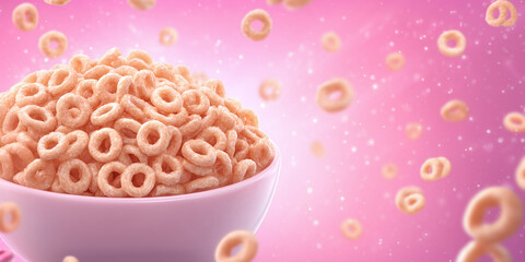 Flying cereal rings with white bowl on sparkling pink background, dynamic breakfast composition for crunchy snack or product advertising