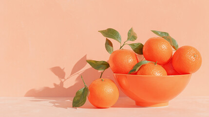 Orange bowl with fresh tangerines and green leaves on peach background, bright citrus fruit composition for natural food or vegan concept