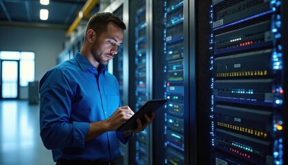 Technician in blue shirt inspects server rack using tablet. Data center IT professional analyzes server hardware, network infrastructure. Maintenance, support, configuration, and troubleshooting.