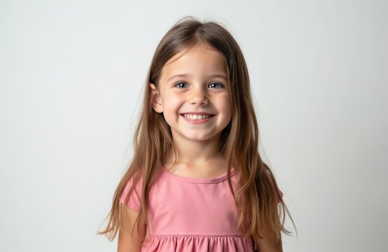 Smiling little girl with long brown hair and blue eyes on white backdrop. Adorable child wearing pink dress looking at camera. Portrait shows happy childhood expression.