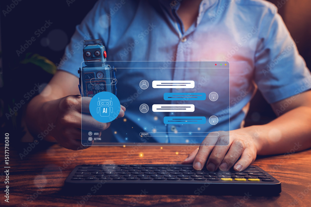 Poster businessman using ai chatbot technology on computer screen with robotic toy in hand in modern office